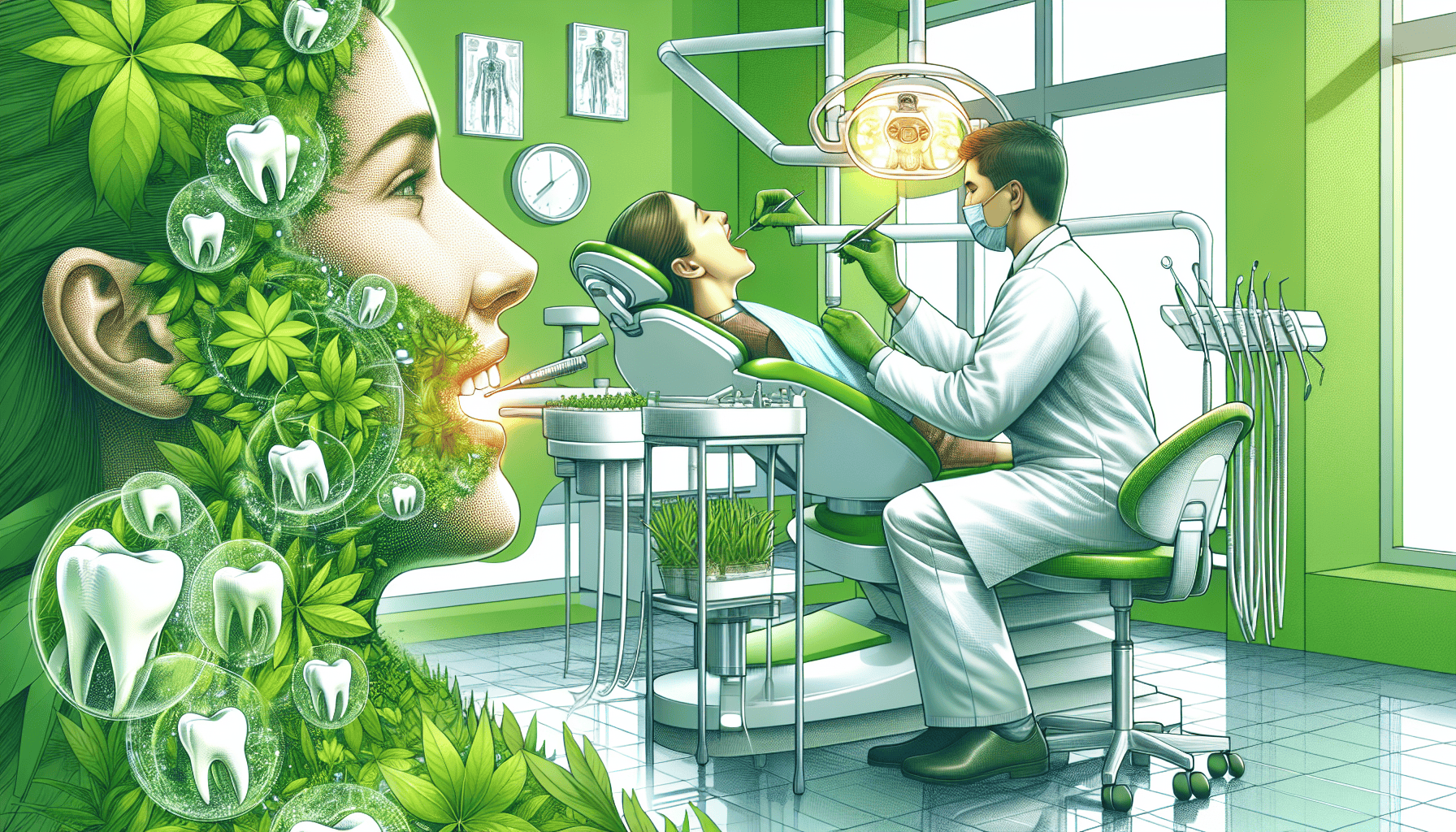 Illustration of a biological dentist using biocompatible materials