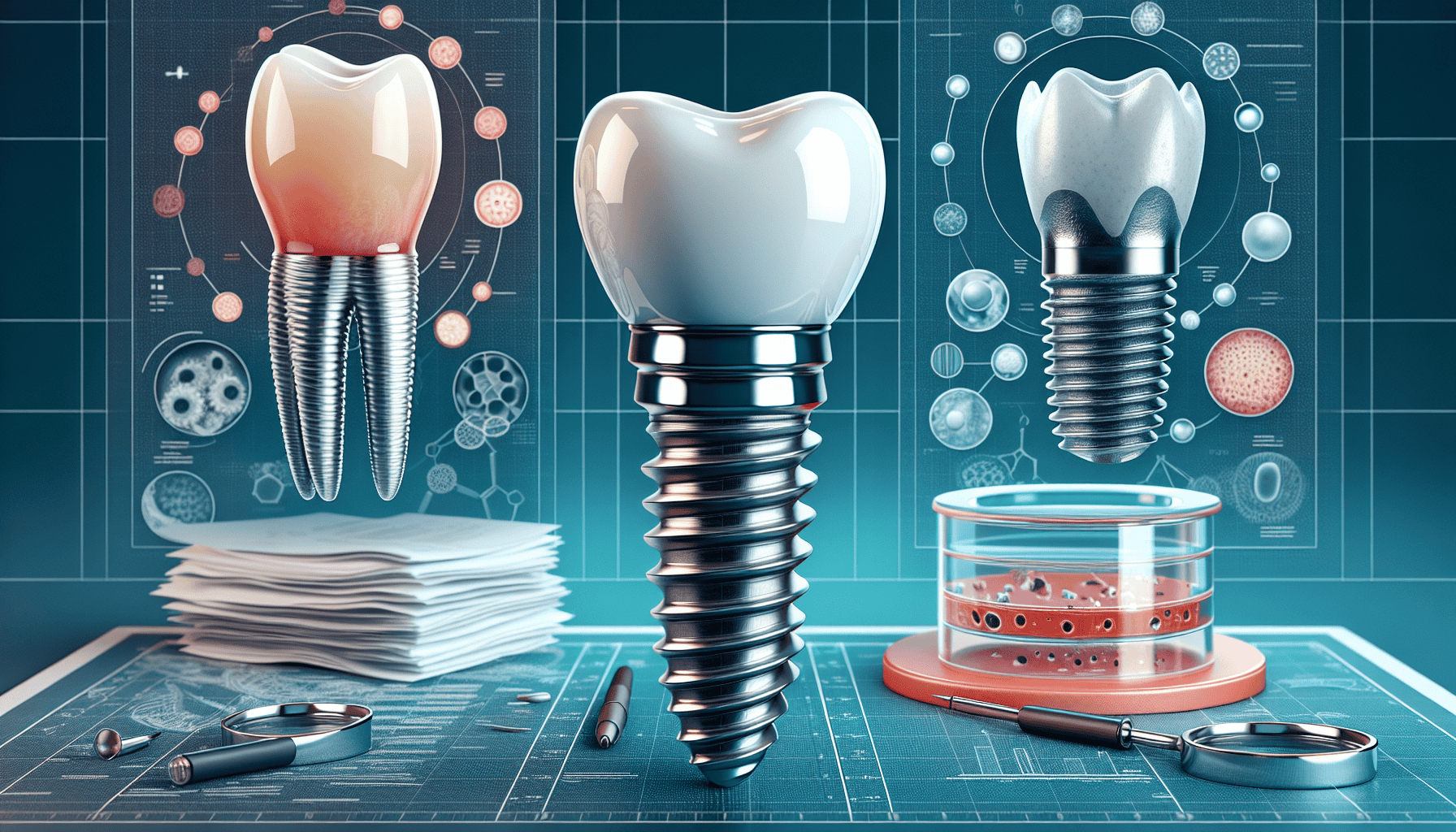 Comparison illustration of ceramic and titanium dental implants